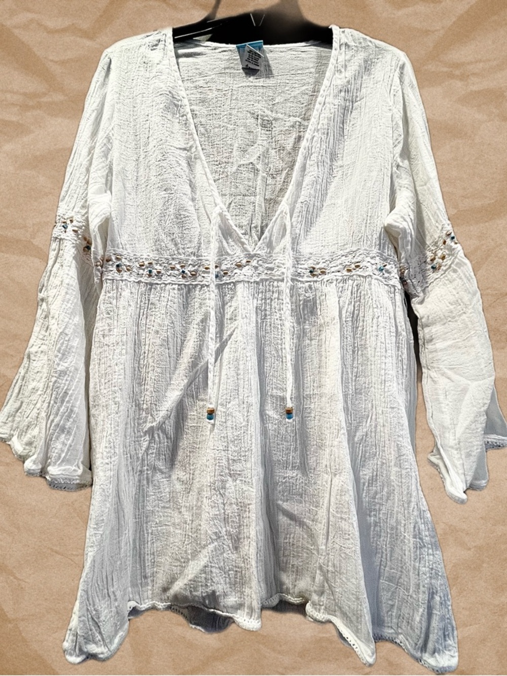 Dotti White Gauze Swim Coverup with Crochet and Beading Waist Detail